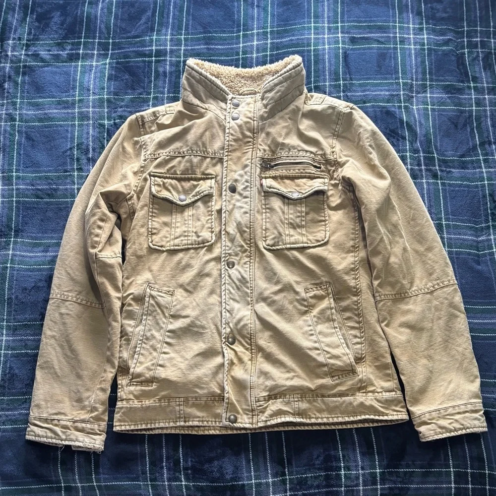 Mens vintage Levi’s tan full zip snap long sleeve utility lined jacket small - Picture 1 of 4